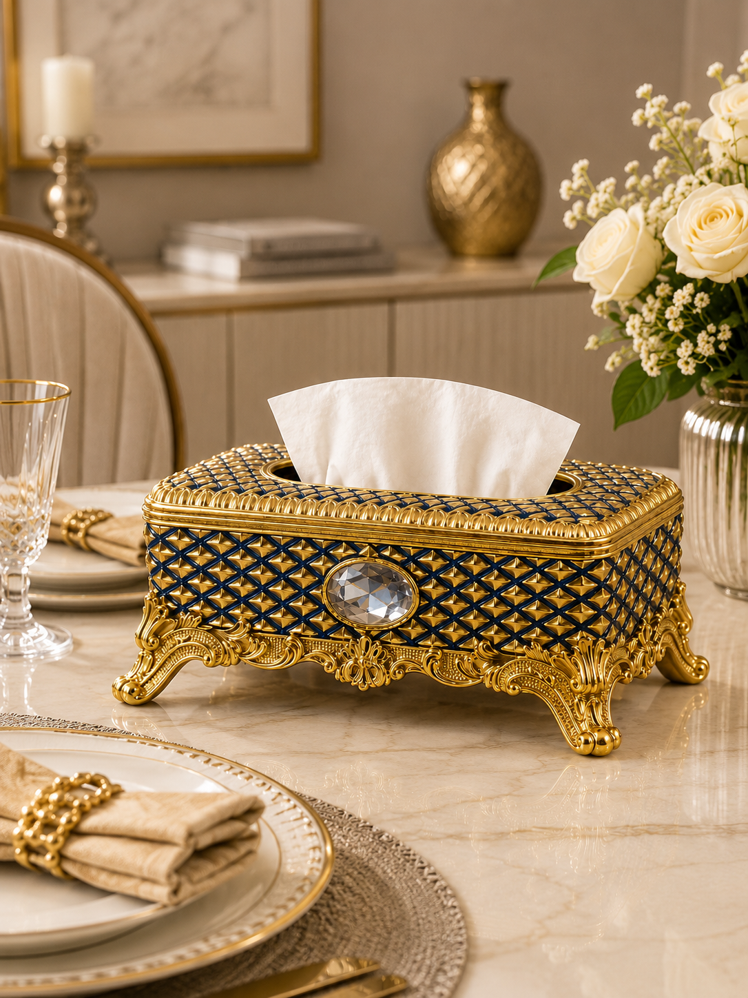 Decorative Gold Tissue Case | Premium Tabletop Tissue Organizer