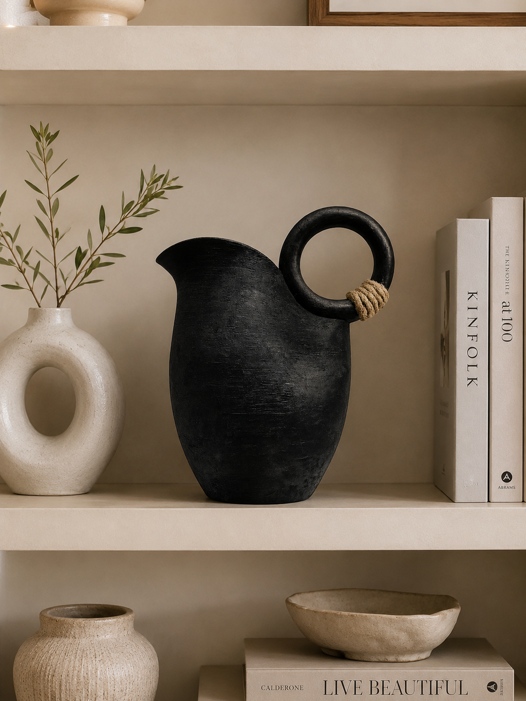 Modern Black Resin Decorative Vase with Ring Handle | Minimalist Table Vase for Living Room & Home Décor