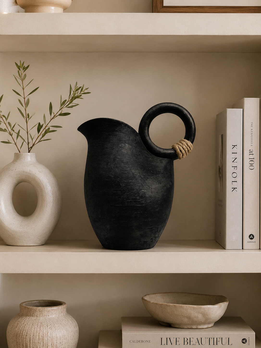 Modern Black Resin Decorative Vase with Ring Handle | Minimalist Table Vase for Living Room & Home Décor