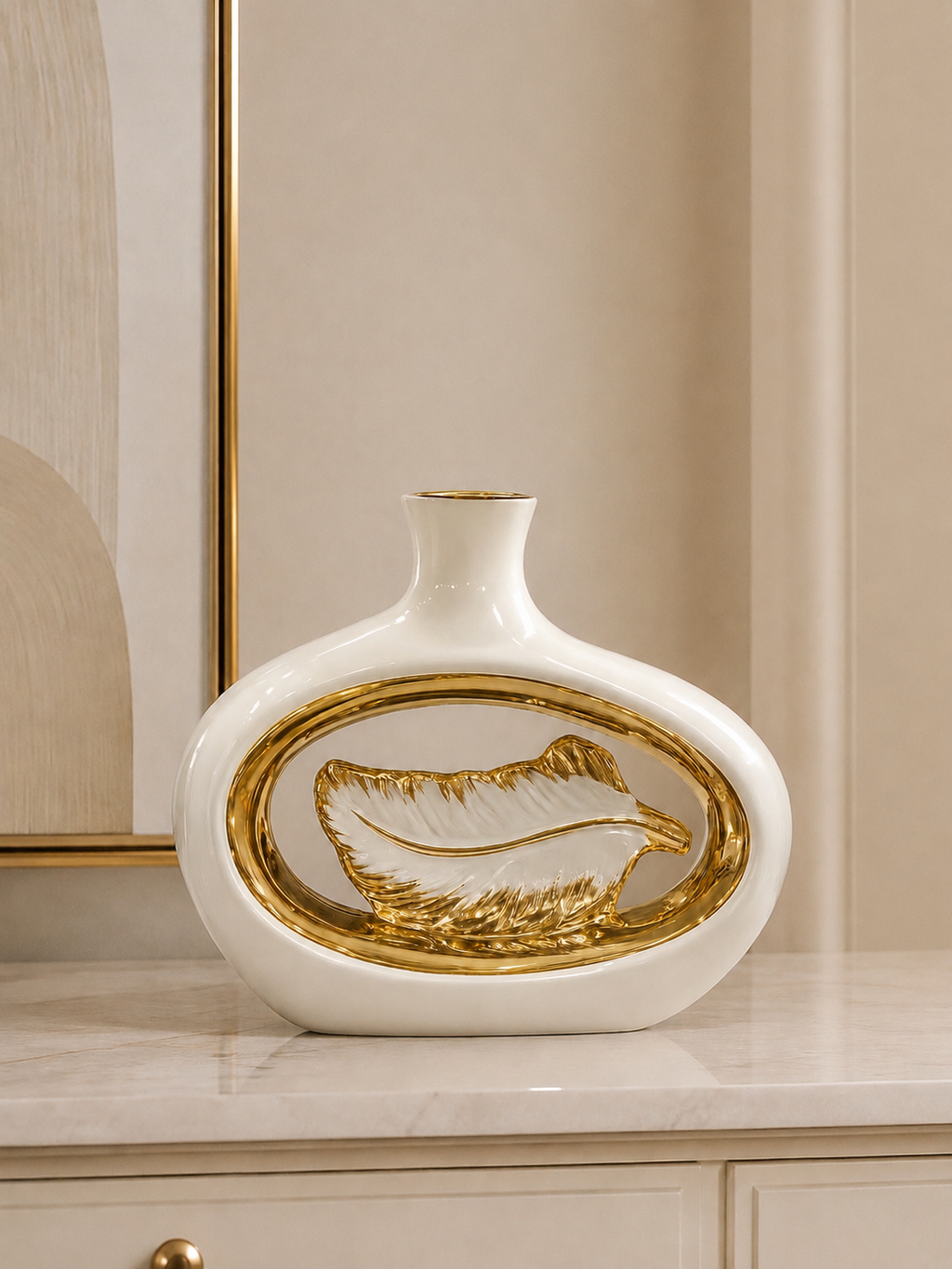 Luxury White & Gold Leaf Ceramic Decorative Vase – Modern Oval Centerpiece Vase