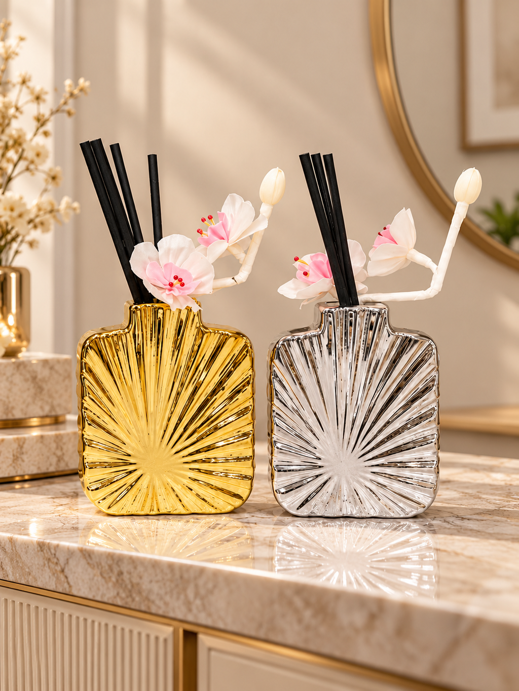 Luxury Floral Reed Diffuser Vase Set – Pink Flowers with Gold & Silver Sunburst Design
