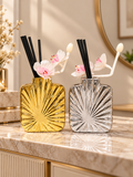 Luxury Floral Reed Diffuser Vase Set – Pink Flowers with Gold & Silver Sunburst Design