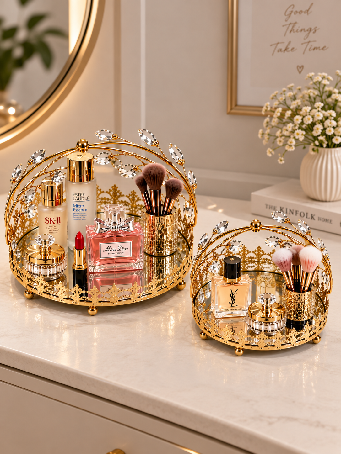 Luxury Gold Crystal Crown Decorative Mirror Tray Set – 2-Piece