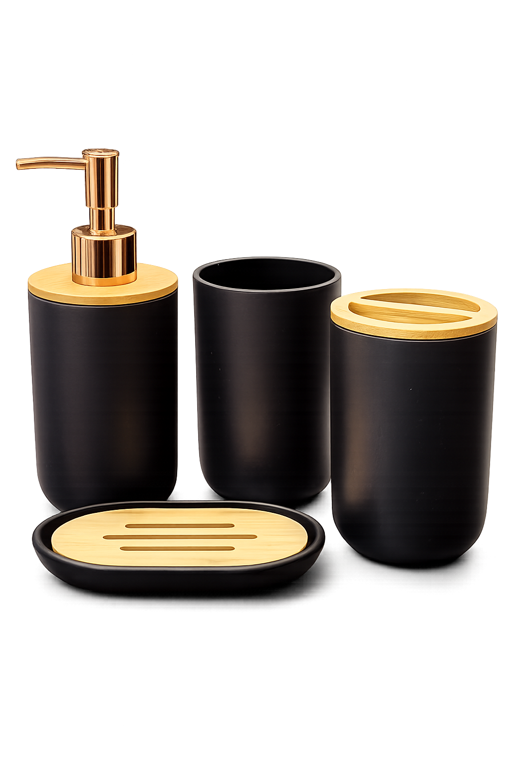 4-Piece Matte Black Bathroom Accessories Set with Gold Pump & Bamboo Lid – Soap Dispenser, Toothbrush Holder, Tumbler & Soap Dish