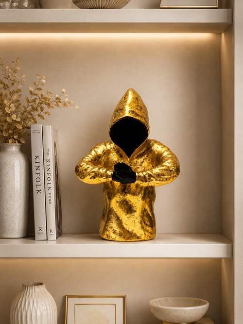Abstract Golden Hooded Figure Sculpture | Modern Resin Thinker Statue | Luxury Artistic Showpiece for Home & Office Décor