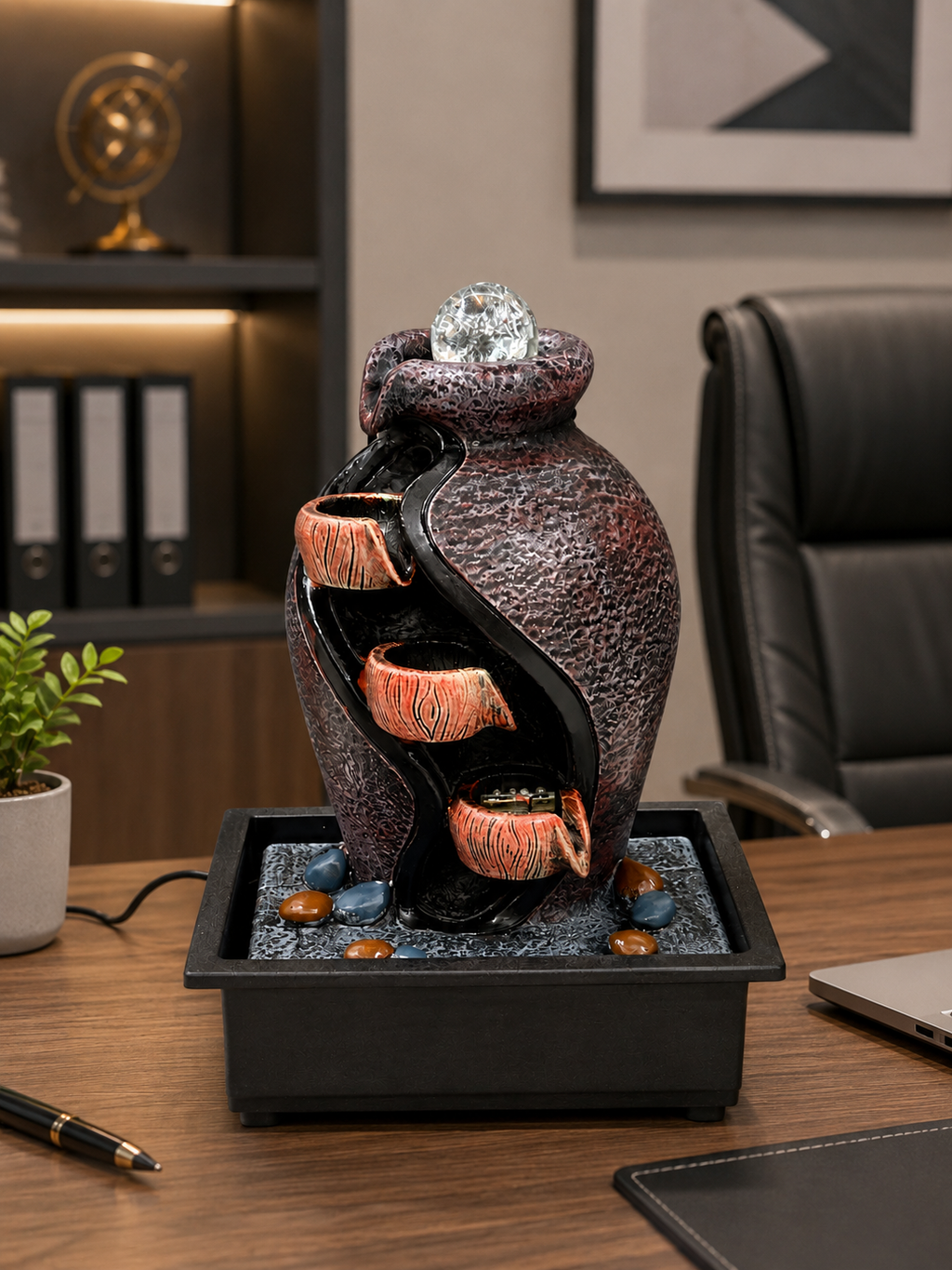 Luxury 3-Tier Pot Waterfall Tabletop Fountain with Crystal Ball