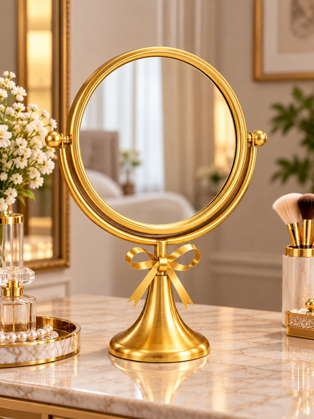 Luxury Gold Round Tabletop Vanity Mirror with Elegant Bow Accent – Decorative Dressing Mirror