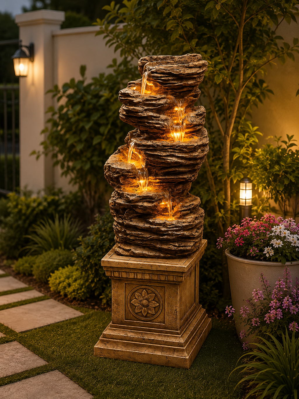 Luxury Indoor & Outdoor LED Rock Water Fountain | Cascading Waterfall Decorative Floor Fountain | Fiberglass Resin Fountain