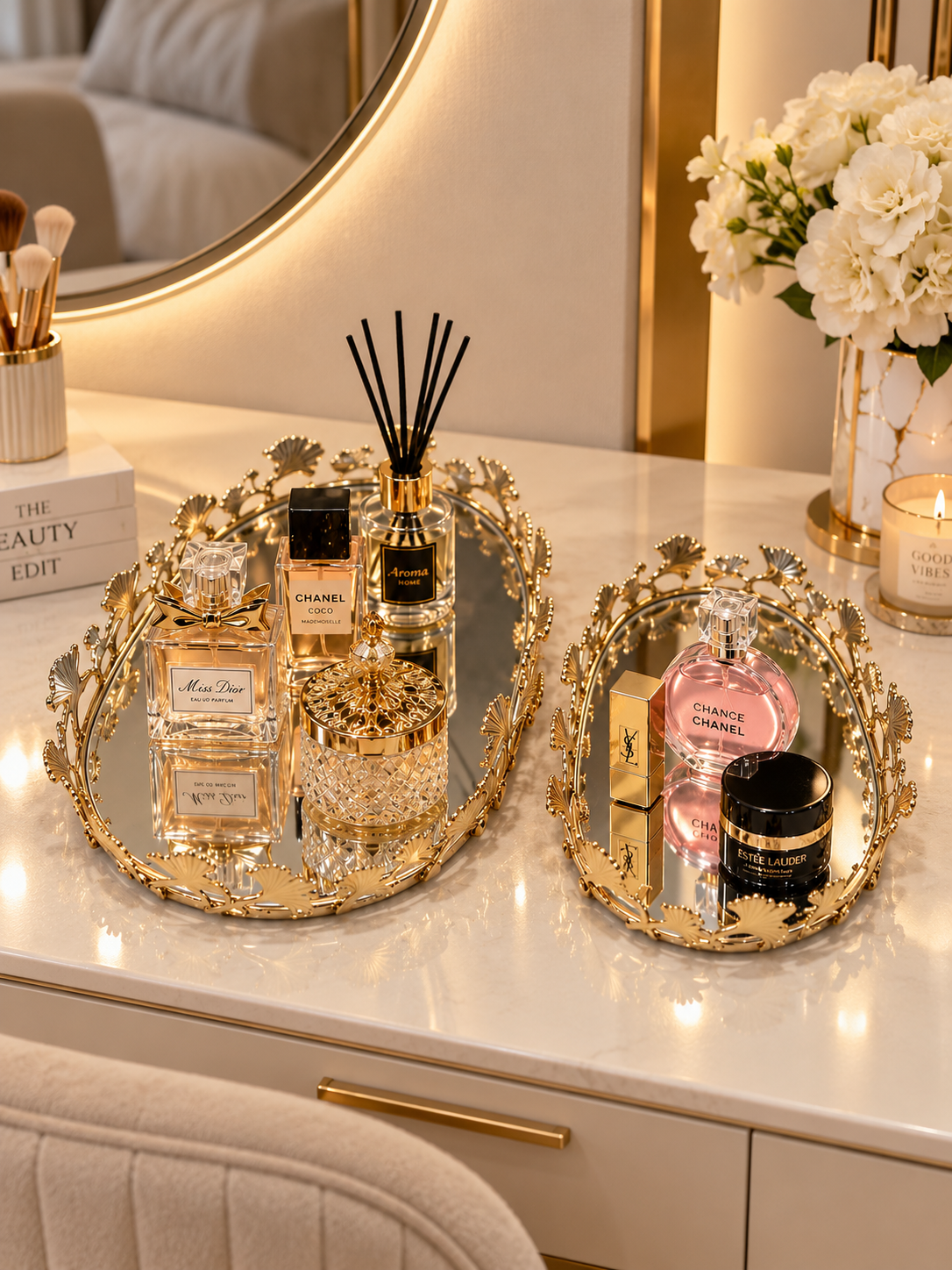 Luxury Gold Ginkgo Leaf Mirrored Decorative Tray Set of 2