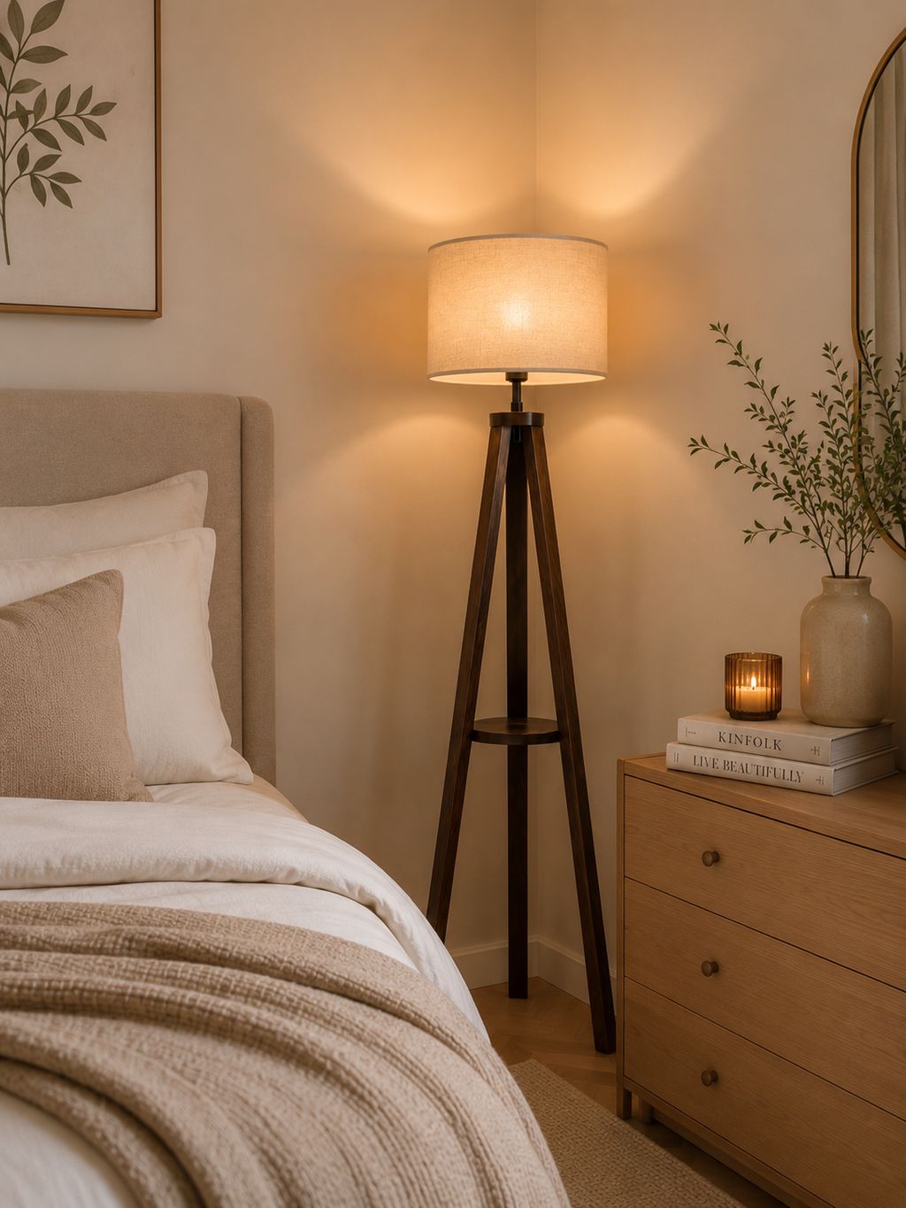 Modern Wooden Tripod Floor Lamp with Fabric Shade | Contemporary Standing Lamp | Living Room & Bedroom Lighting