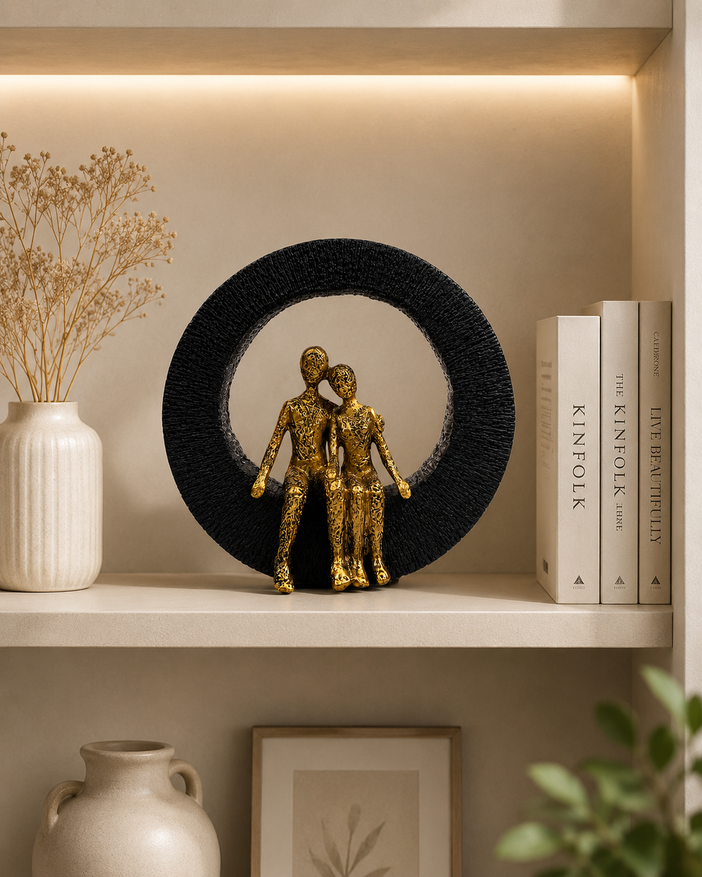 Modern Abstract Couple Sculpture – Resin Showpiece with Circular Frame | Luxury Home Decor Figurine