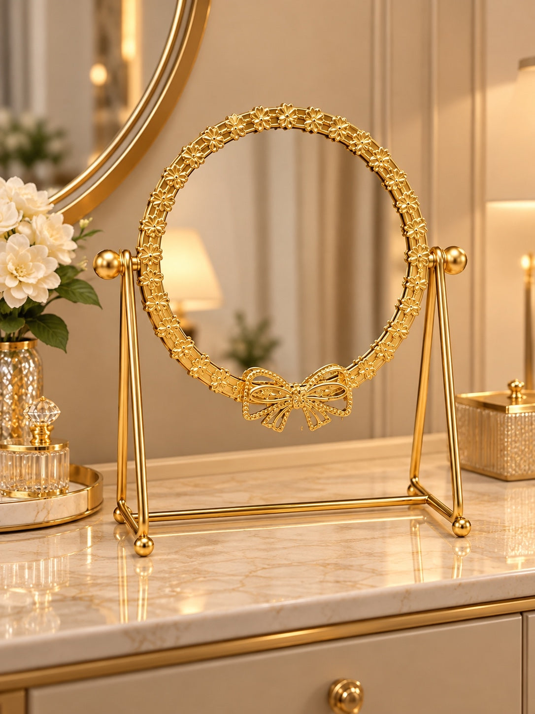 Elegant Gold Floral Bow Vanity Mirror – Ornate Oval Tabletop Makeup Mirror