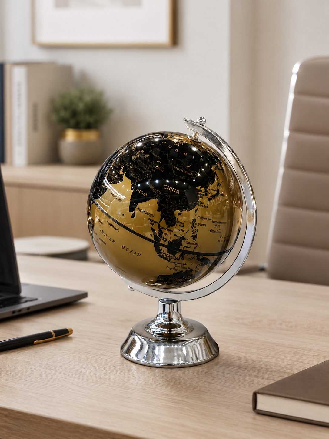 Luxury Black & Gold World Globe with Chrome Stand – Decorative Tabletop Globe