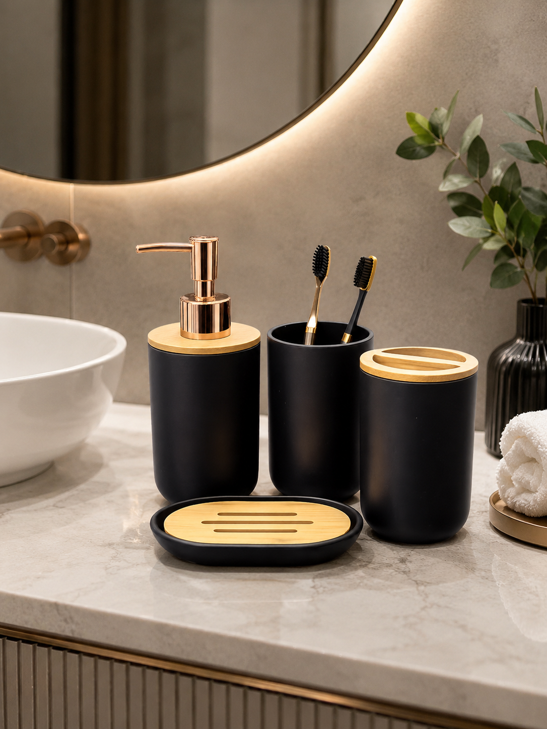 4-Piece Matte Black Bathroom Accessories Set with Gold Pump & Bamboo Lid – Soap Dispenser, Toothbrush Holder, Tumbler & Soap Dish