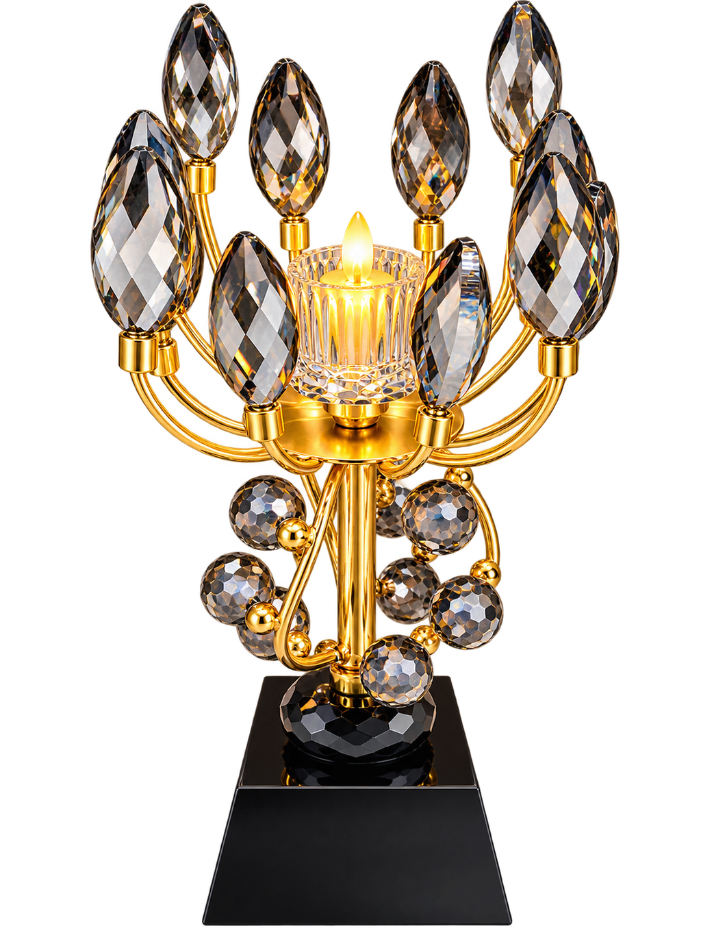 Luxury Gold Crystal Floral Candle Holder – Elegant Leaf Design with Black Base