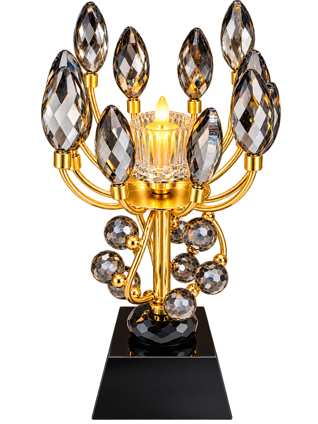 Luxury Gold Crystal Floral Candle Holder – Elegant Leaf Design with Black Base