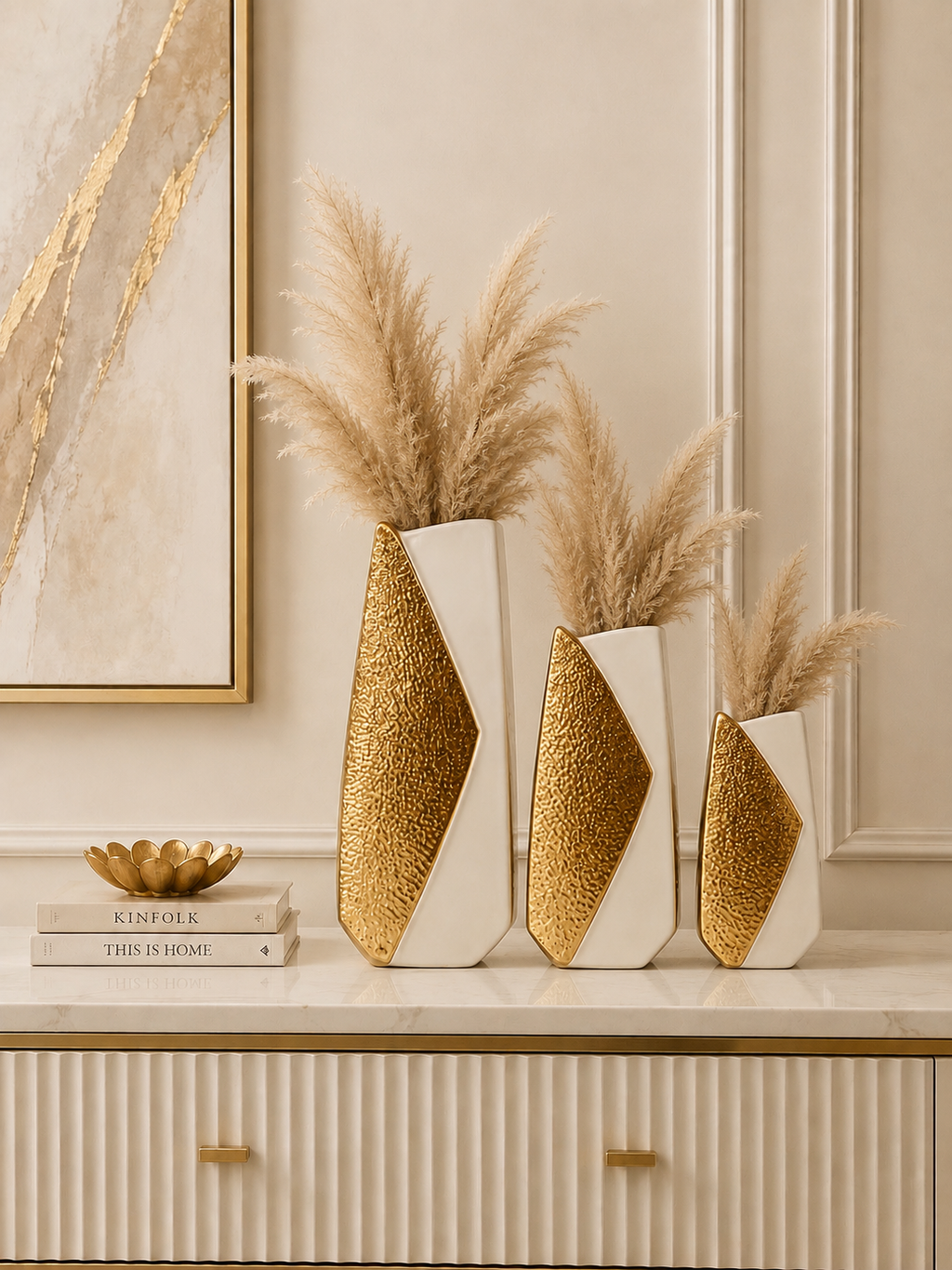 Luxury White & Gold Ceramic Vase Set of 3 – Modern Decorative Flower Vases for Home Décor