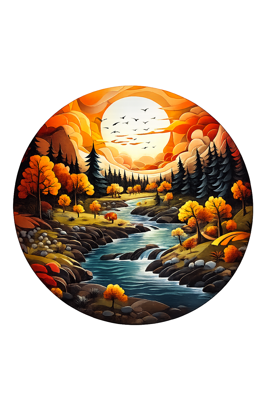 Autumn River Landscape Round Wall Art | Nature Scenery Canvas Wall Decor | Modern Circular Wall Painting