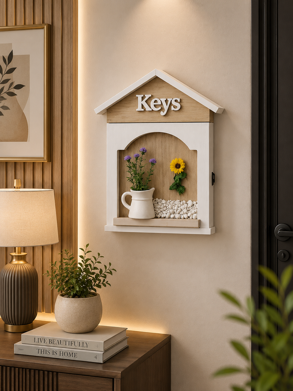 Wooden House Key Holder Box with Decorative Flowers | Wall Mounted Key Storage Cabinet | Farmhouse Home Décor