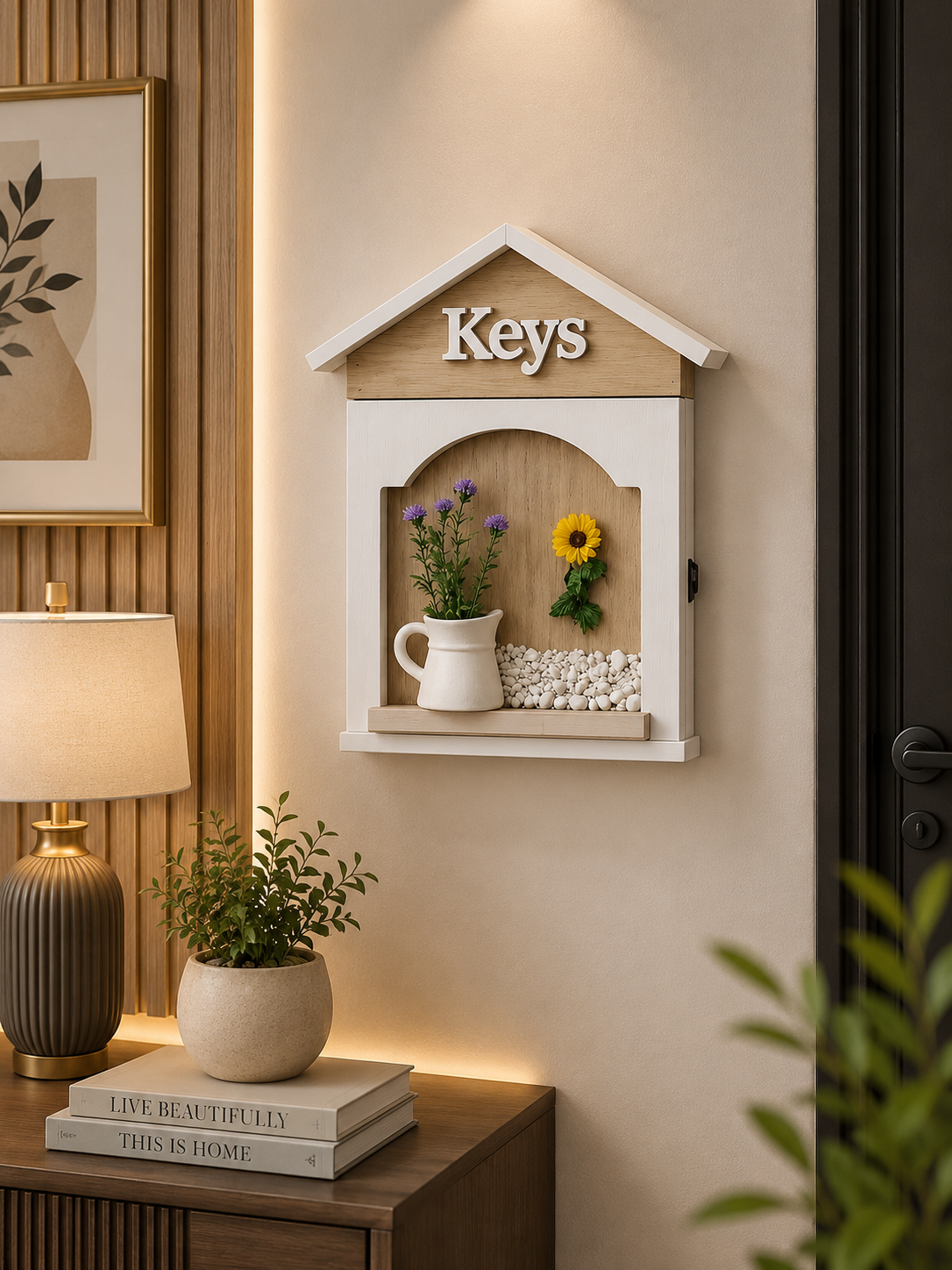 Wooden House Key Holder Box with Decorative Flowers | Wall Mounted Key Storage Cabinet | Farmhouse Home Décor