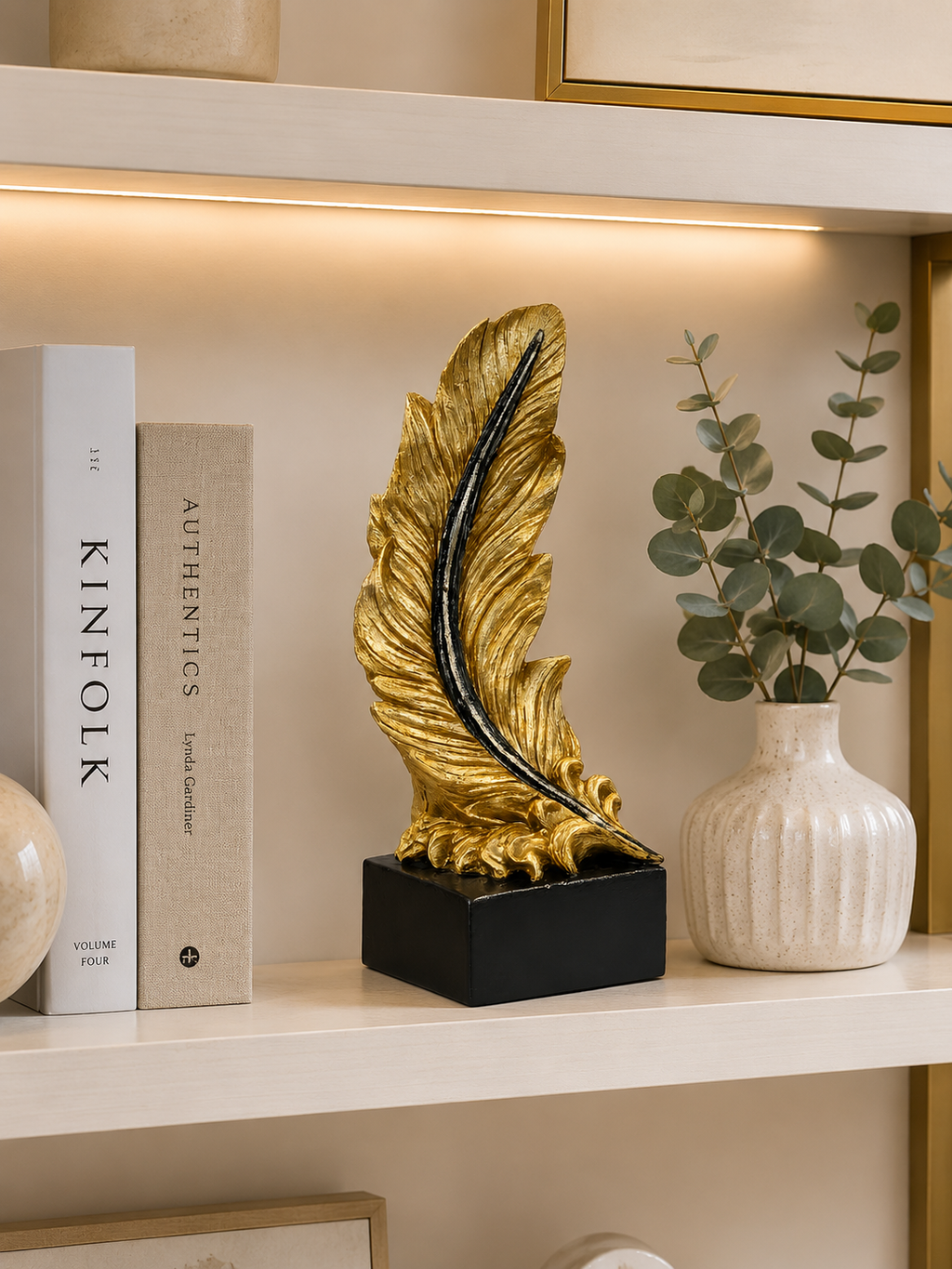 Luxury Gold Feather Sculpture | Modern Resin Tabletop Decorative Accent