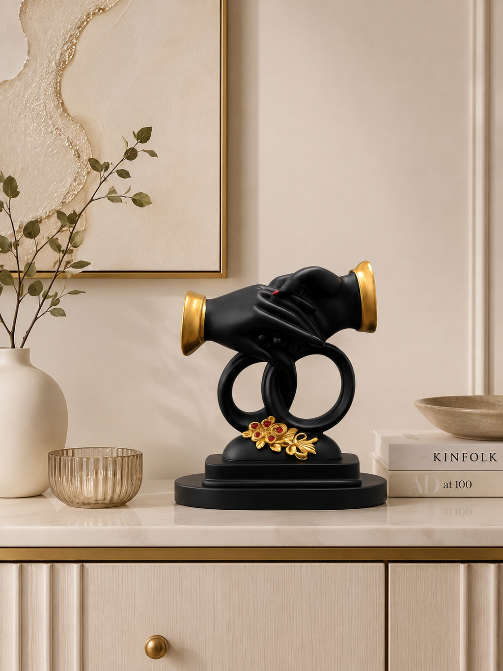 Modern Couple Hands Sculpture | Black & Gold Resin Decorative Showpiece | Romantic Love Statue | Luxury Home Decor