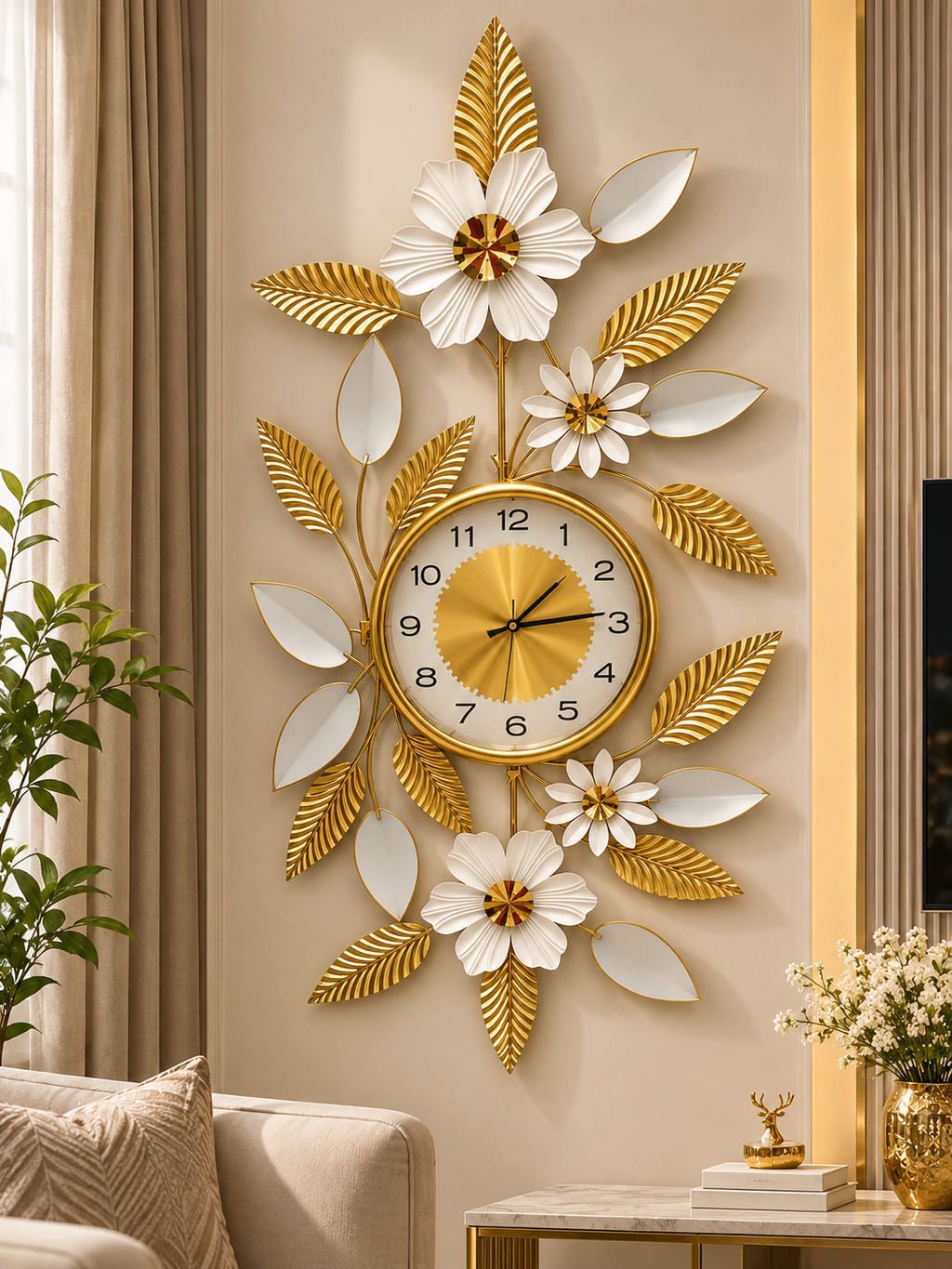 Luxury Gold & White Floral Wall Clock – Elegant Decorative Metal Wall Décor