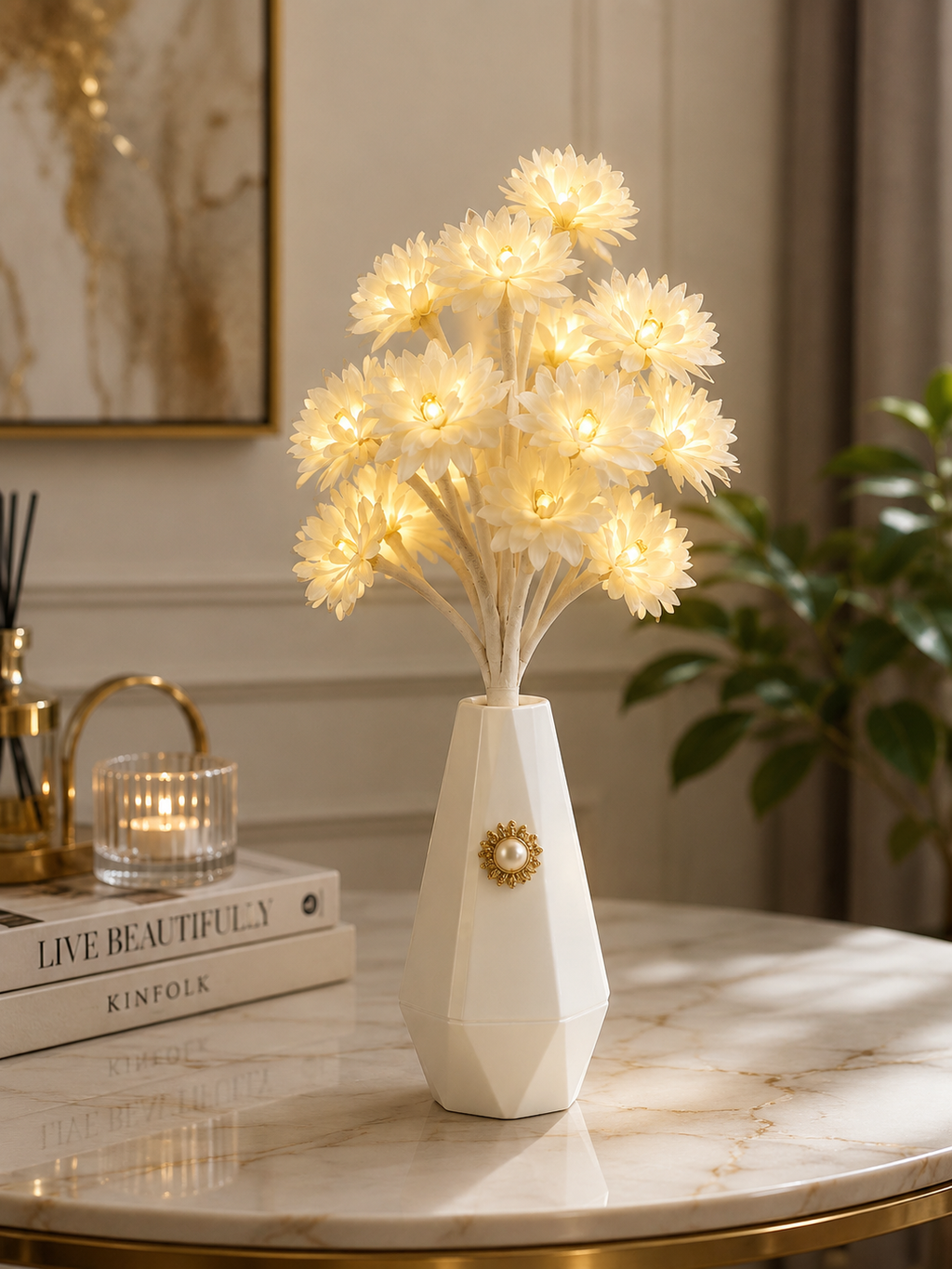 LED Flower Table Lamp with Decorative Vase | Warm White Floral Night Light for Home Décor