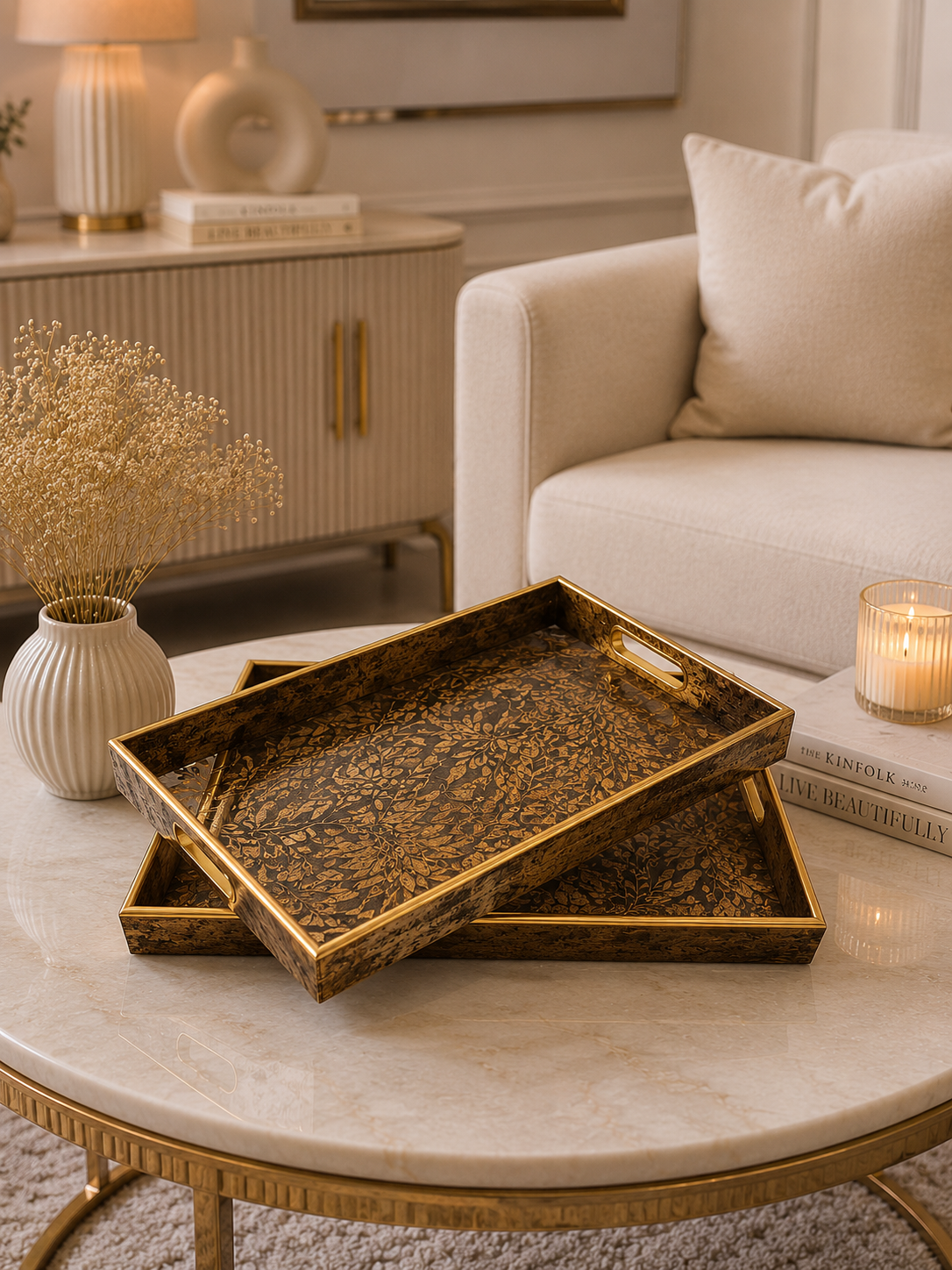 Luxury Antique Gold Leaf Pattern Serving Tray Set – Acrylic Decorative Trays (Set of 2)