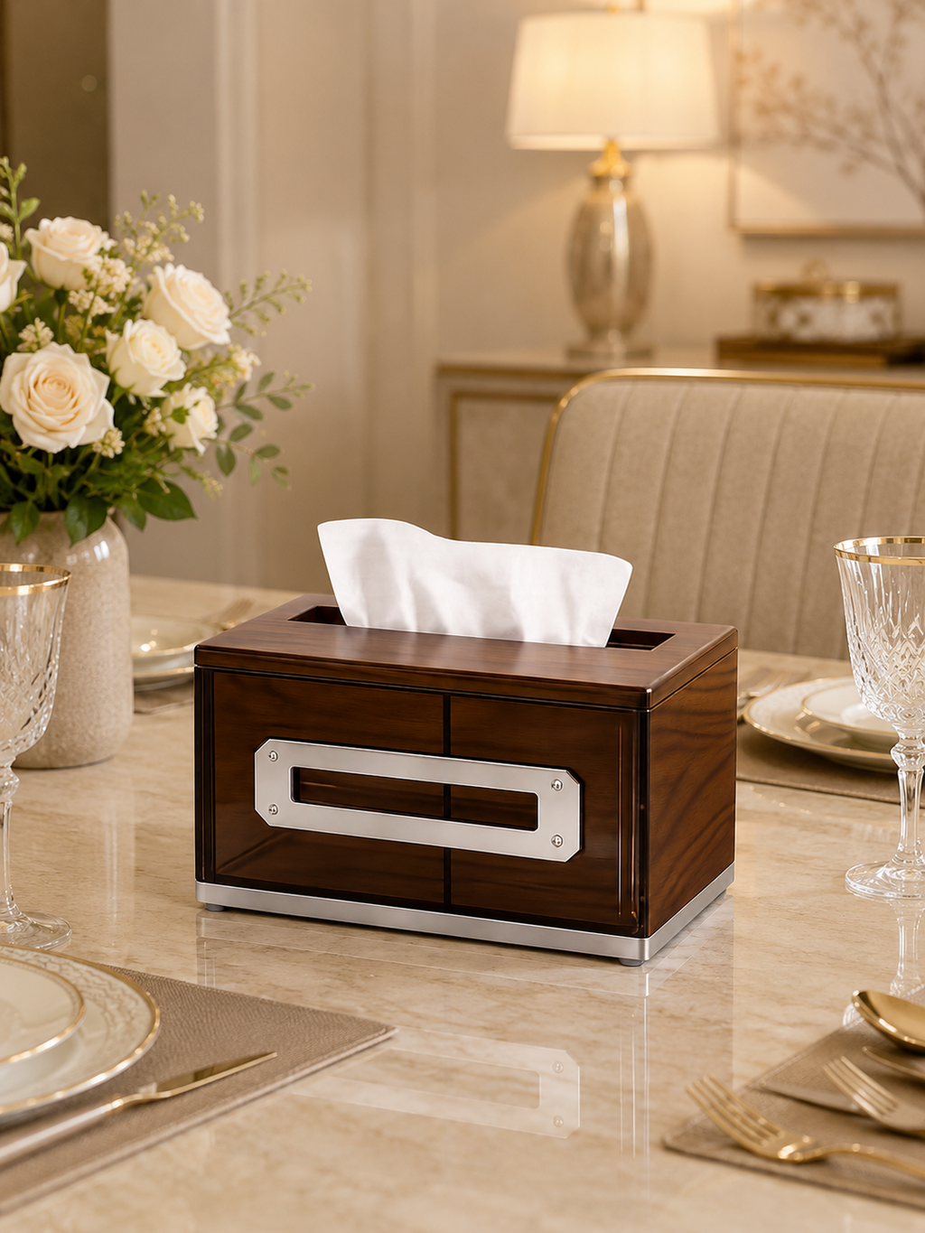 Luxury Wooden Tissue Box Holder with Silver Metal Accent | Decorative Tissue Paper Storage Box for Living Room, Office & Dining Table