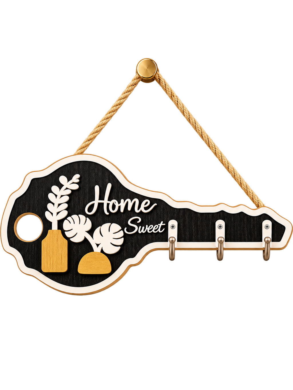 Home Sweet Wooden Key Holder – Wall-Mounted Key Organizer with 3 Hooks