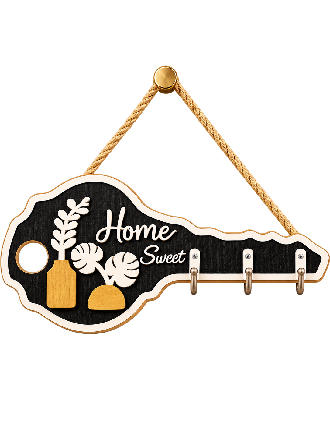 Home Sweet Wooden Key Holder – Wall-Mounted Key Organizer with 3 Hooks
