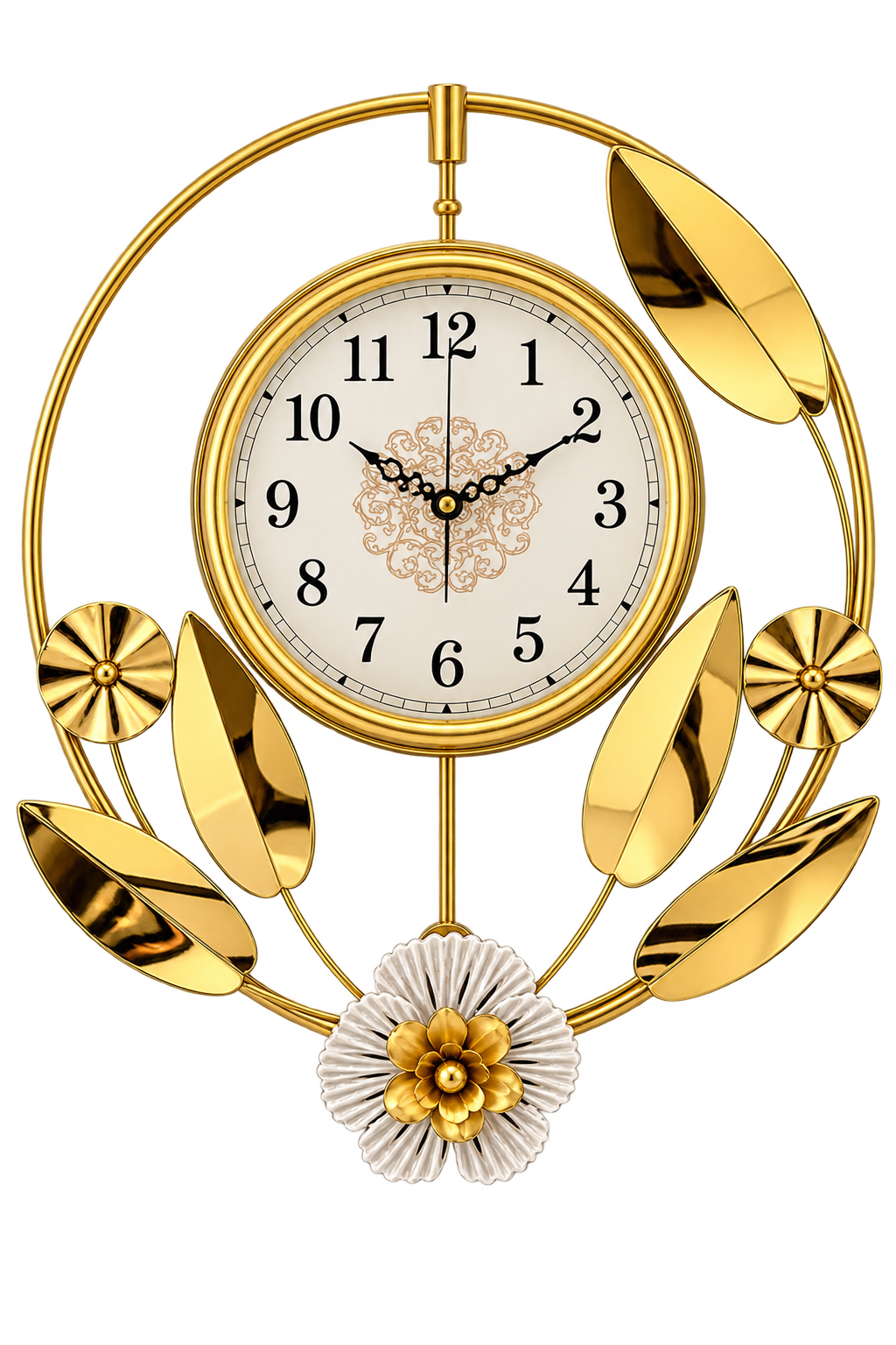 Luxury Golden Floral Leaf Wall Clock – Elegant Modern Decorative Metal Art Clock