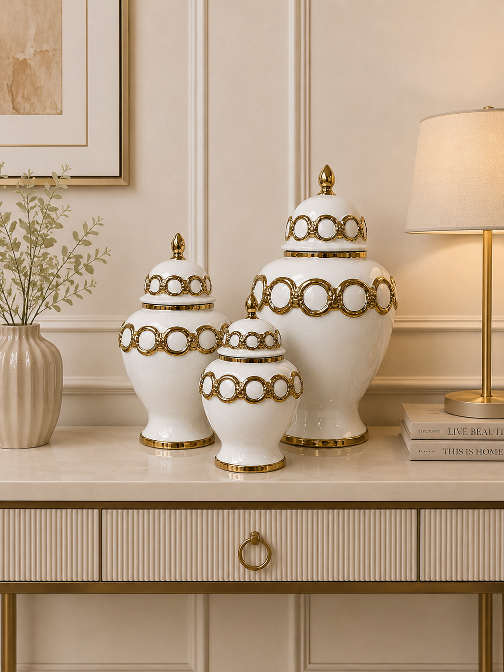 Luxury White & Gold Ceramic Ginger Jar Set | Decorative Candy Jars for Living Room & Console Table (Set of 3)