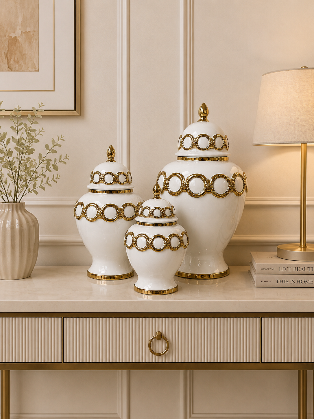 Luxury White & Gold Ceramic Ginger Jar Set | Decorative Candy Jars for Living Room & Console Table (Set of 3)