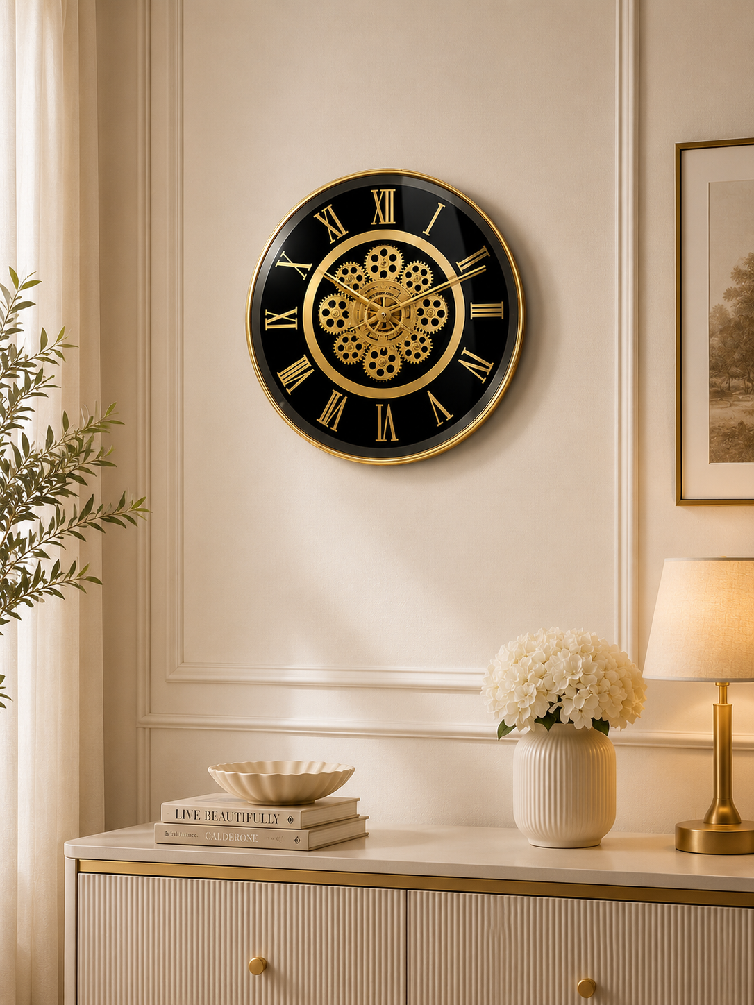 Luxury Black & Gold Roman Wall Clock | Modern Gear Design Decorative Wall Clock | Silent Premium Home Décor