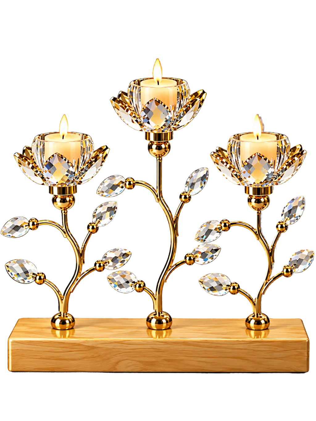 Luxury Gold Crystal Leaf 3-Light Candle Holder – Wooden Base Decorative Centerpiece
