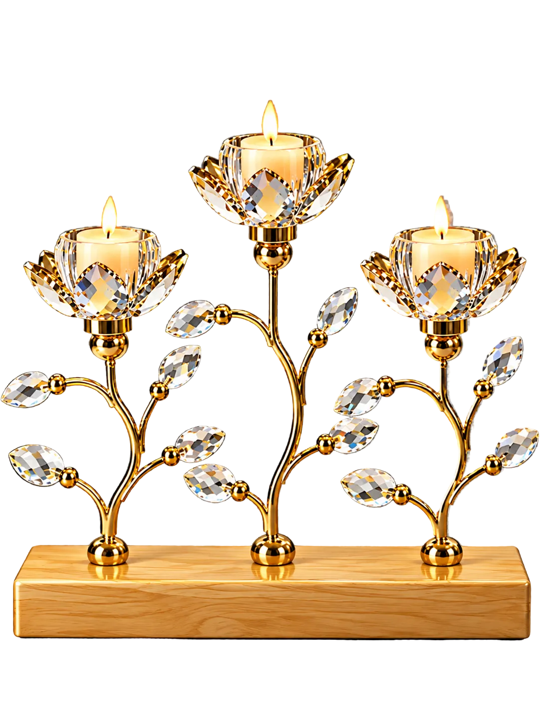 Luxury Gold Crystal Leaf 3-Light Candle Holder – Wooden Base Decorative Centerpiece