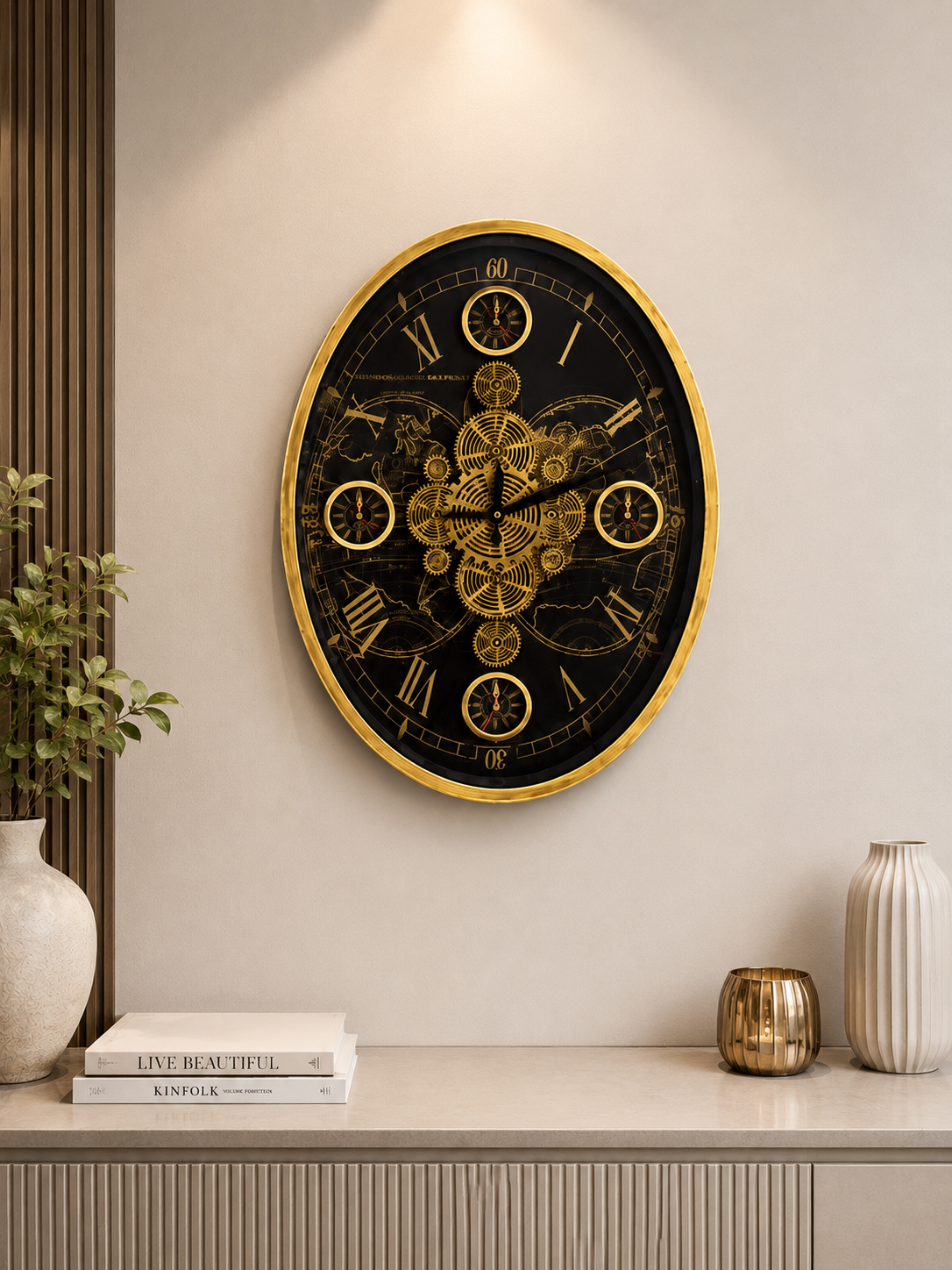 Luxury Black & Gold Decorative Wall Clock – Ornate Gear & World Map Design
