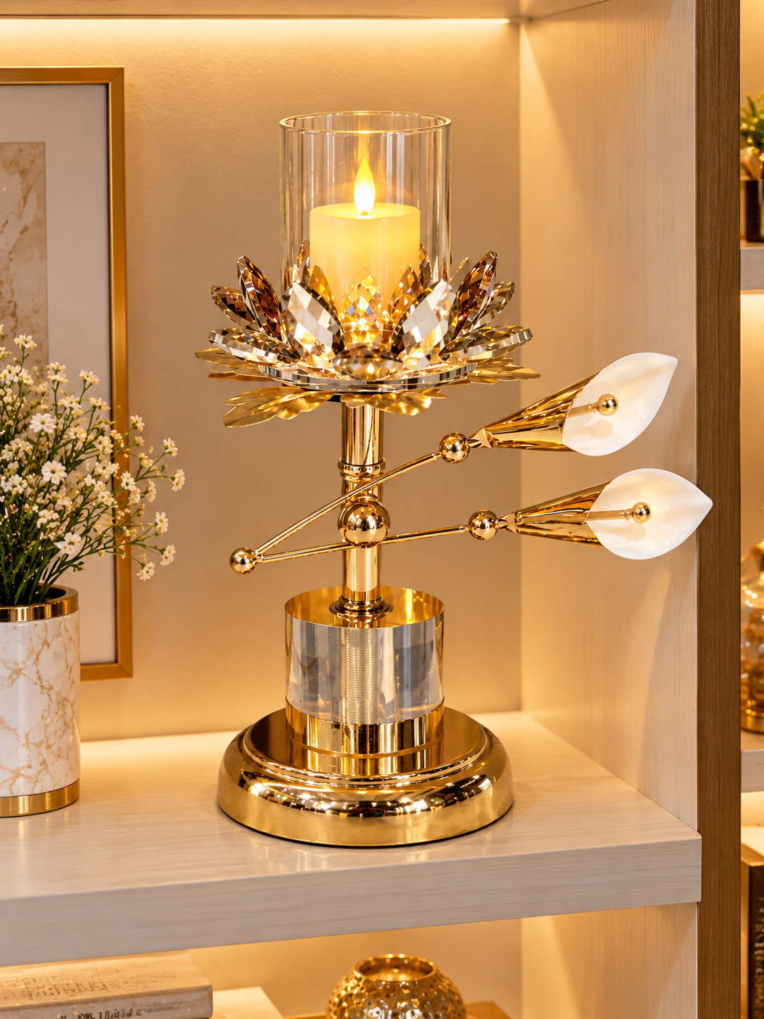 Luxury Gold Crystal Lotus Candle Holder with Floral Leaf Design