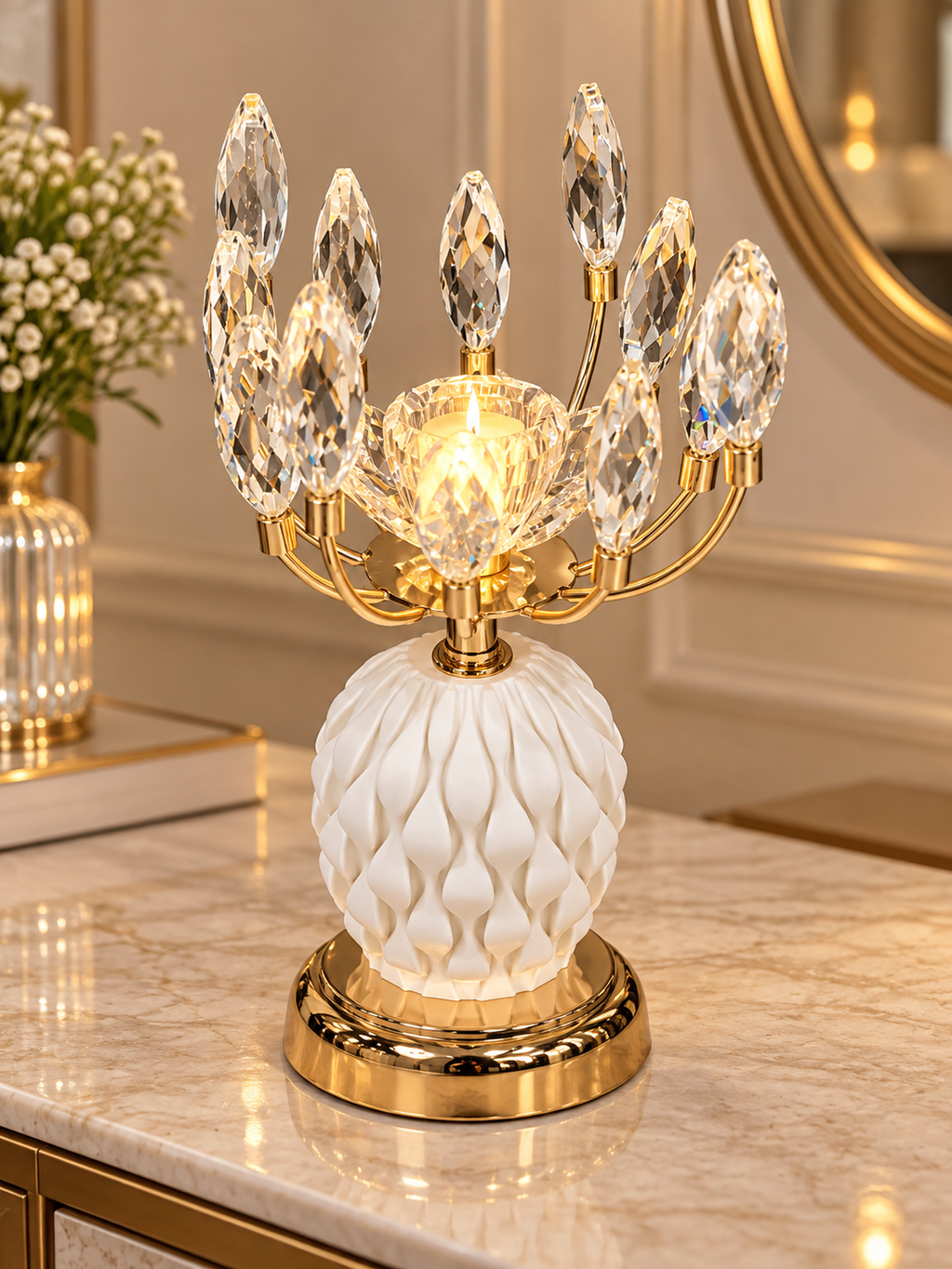 Luxury Gold Crystal Candle Holder with White Textured Metal Base
