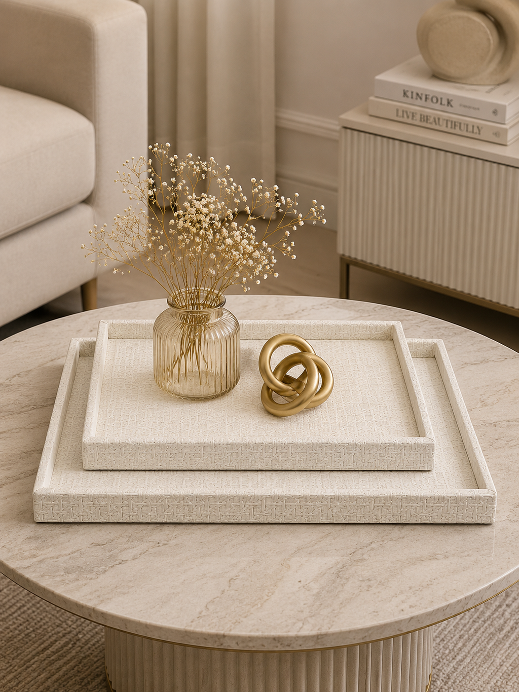 Luxury White Leather Serving Tray Set | Decorative Nesting Coffee Table Trays | Ottoman & Vanity Organizer (Set of 2)