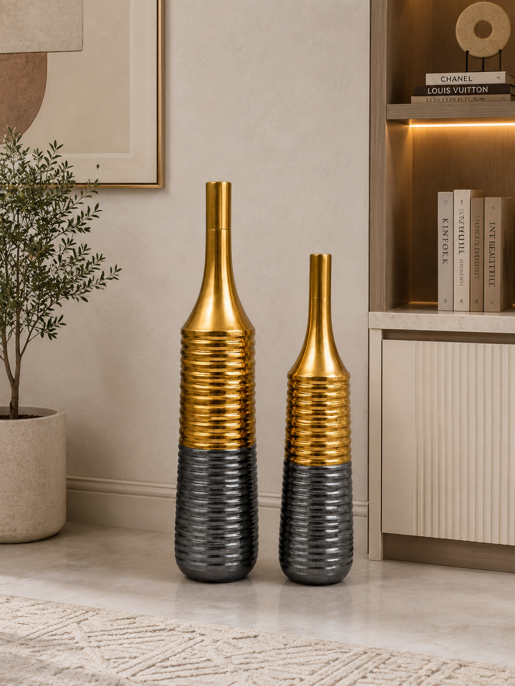 Luxury Gold & Black Ribbed Floor Vase Set (2 Pieces) | Modern Decorative Metal Floor Vases