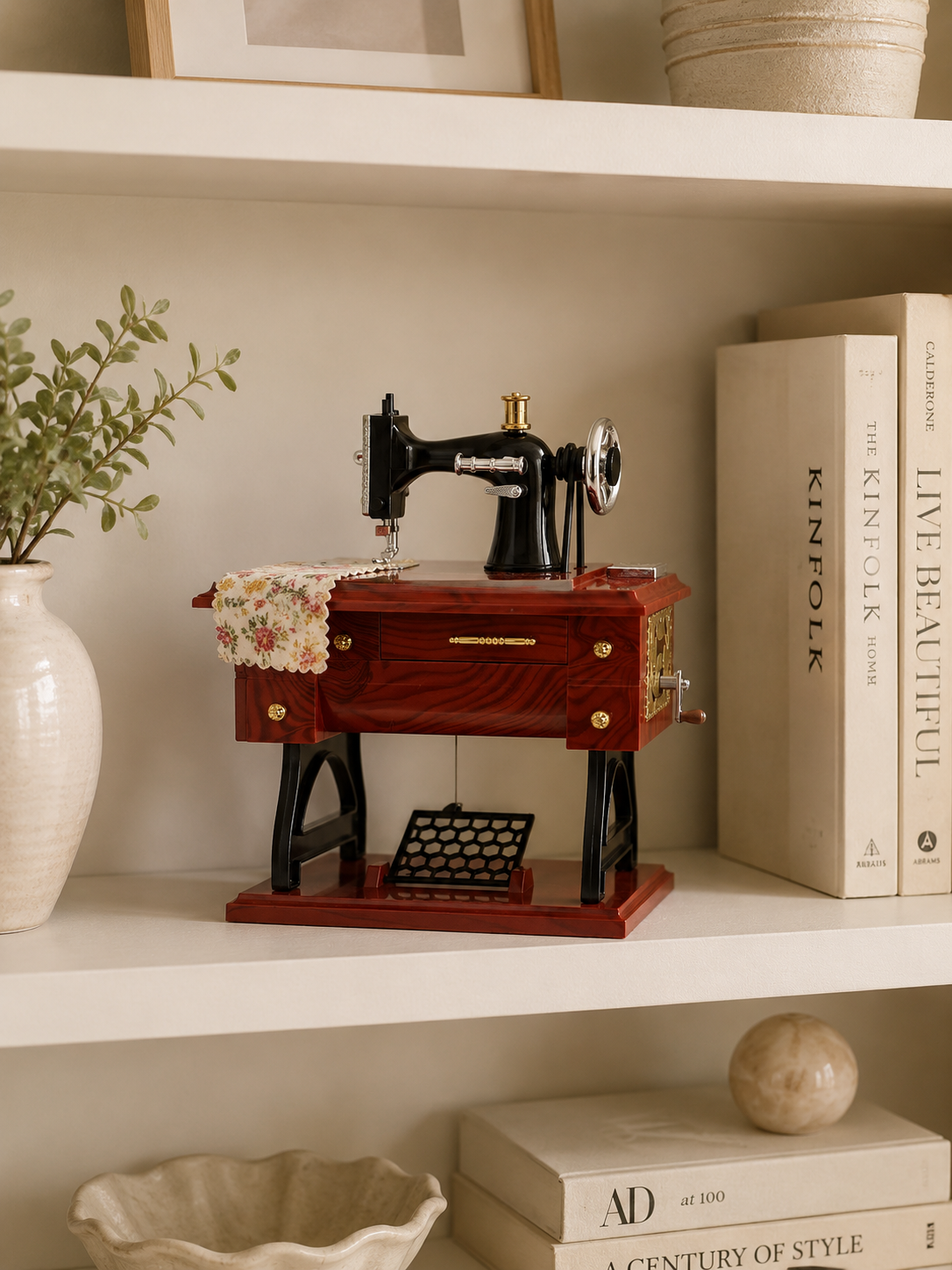 Vintage Sewing Machine Music Box | Retro Wooden Hand-Crank Musical Home Décor