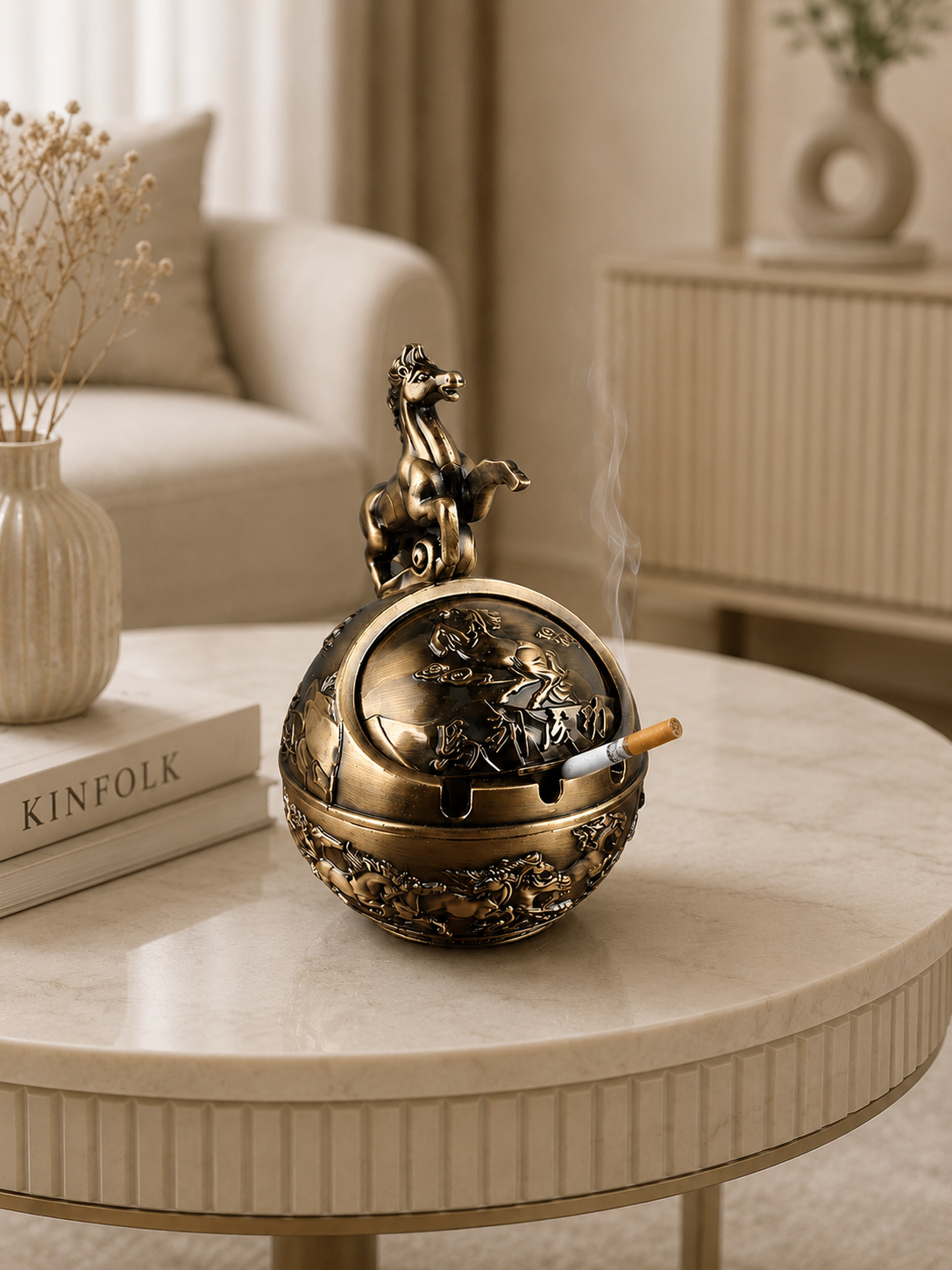 Luxury Horse Metal Ashtray with Windproof Lid | Vintage Decorative Cigarette Ashtray | Premium Home & Office Décor