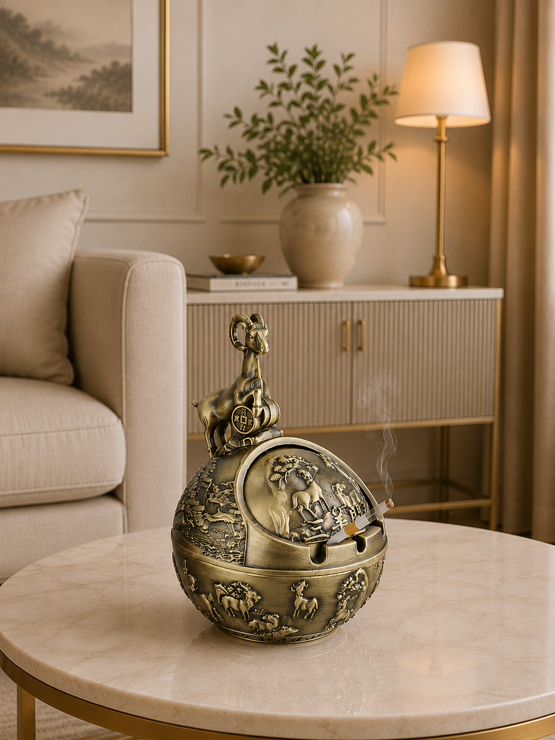 Luxury Deer Metal Ashtray with Windproof Lid | Decorative Vintage Cigarette Ashtray | Premium Home & Office Décor
