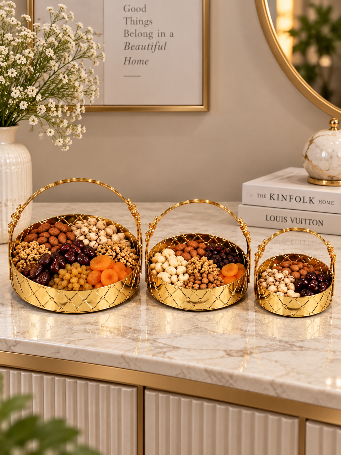 Luxury Golden Decorative Serving Tray Set with Handles – Elegant Tabletop & Home Décor