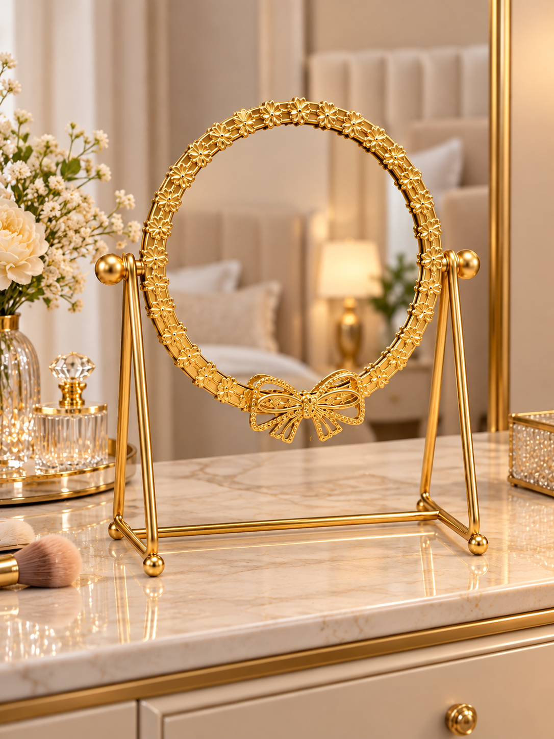 Elegant Gold Floral Bow Vanity Mirror – Ornate Oval Tabletop Makeup Mirror