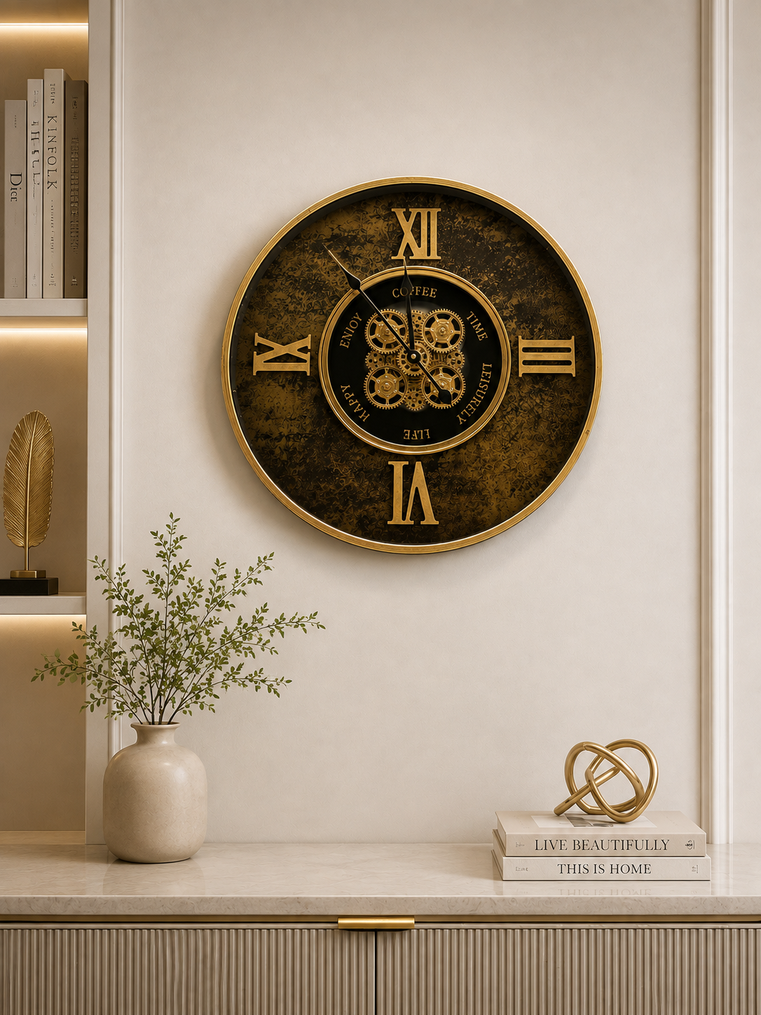 Luxury Antique Coffee Time Wall Clock – Black & Gold Skeleton Gear Design