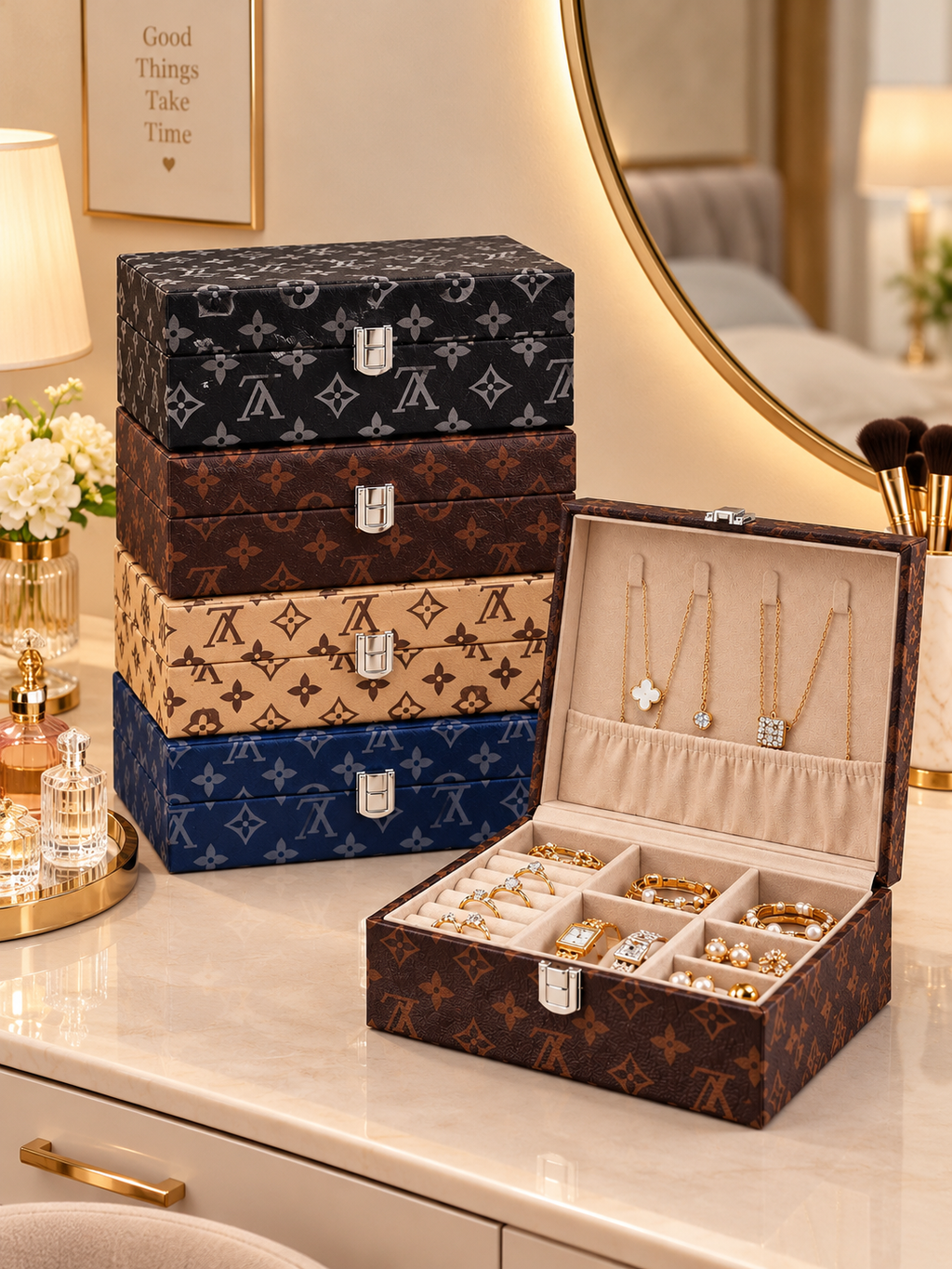 Luxury Printed Jewelry Organizer Box – Multi-Compartment Jewelry Storage Case with Necklace Holder
